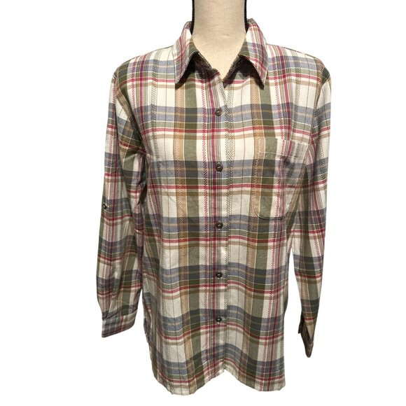 Alfred Dunner Plaid Shirt Flannel Shacket Cream Green Roll Tab Sleeves Size 14 - Picture 1 of 5